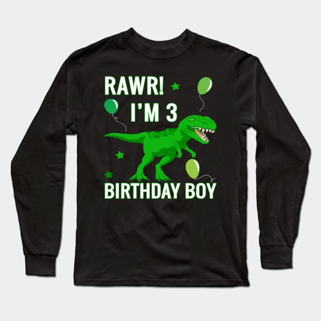 Kids 3 Year Old Shirt 3rd Birthday Boy T Rex Dinosaur Long Sleeve T-Shirt by melmahameed